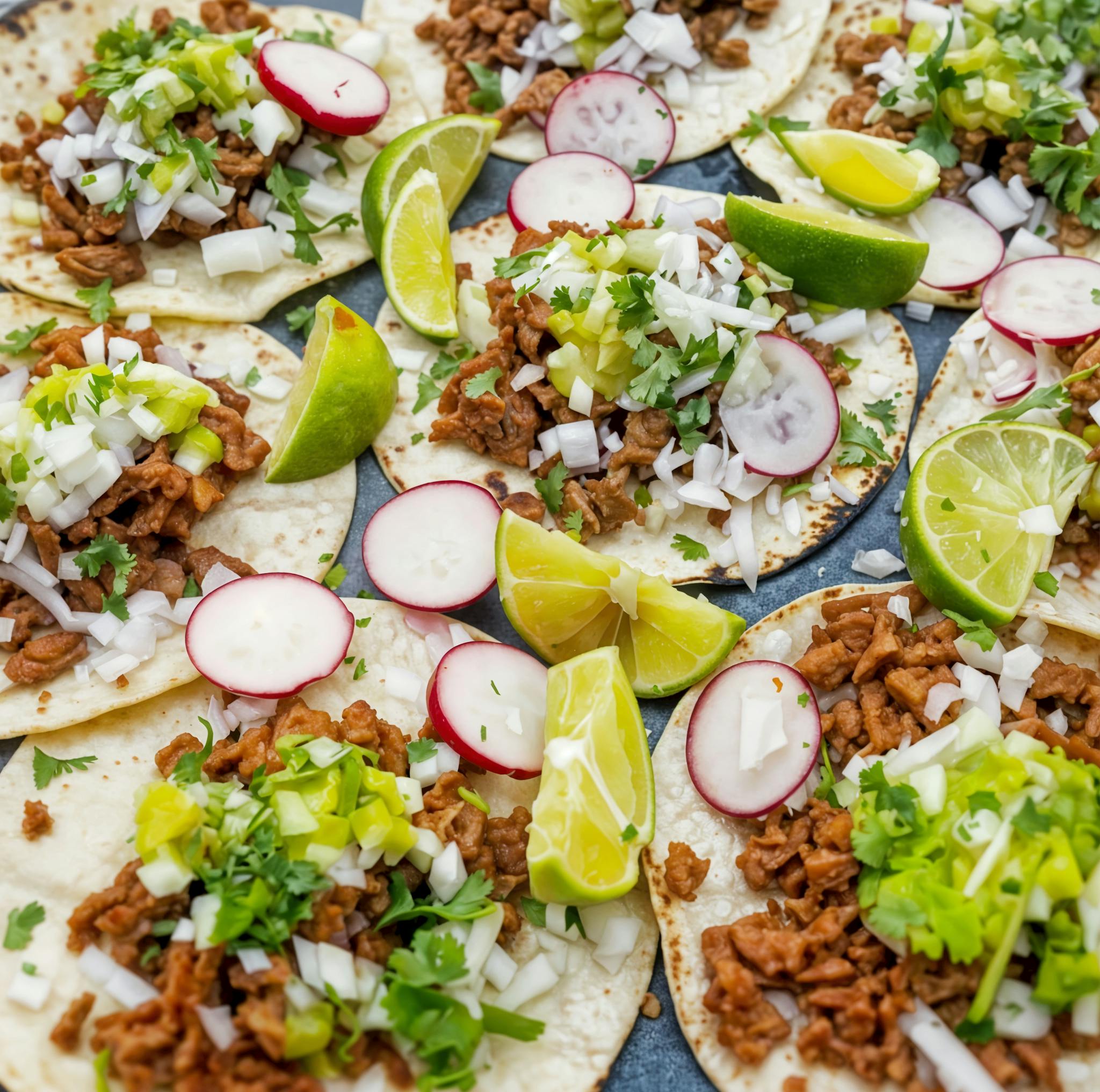 Colorful vegan tacos topped with radishes, onions, and cilantro, perfectly plated with lime wedges.